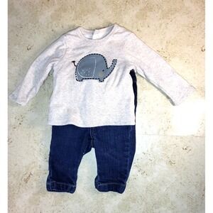 Wonder Nation Cream Reversible Elephant Snap Top/GAP Snap Front Blue Jeans 0-3M